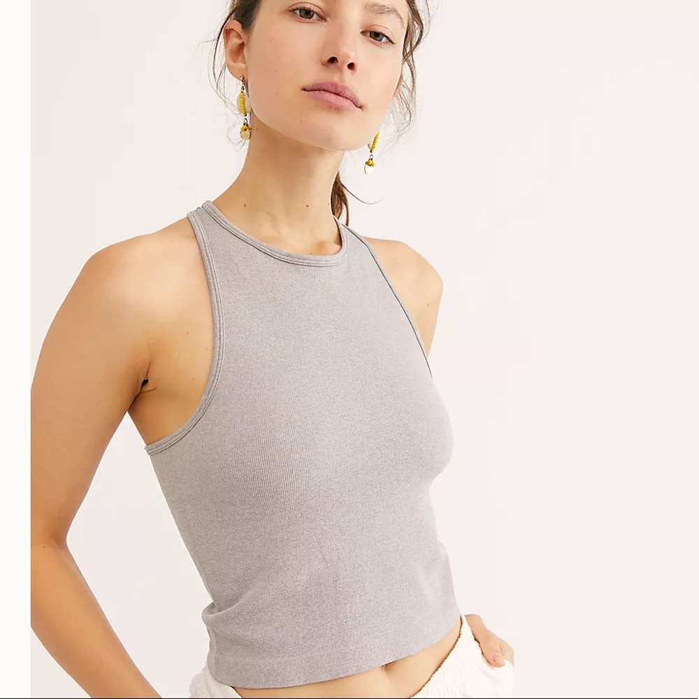Free People Gray Ribbed High-Neck Tank